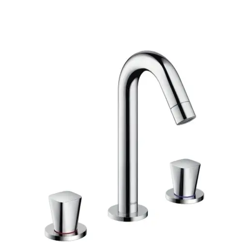 Chromfarbene Hansgrohe-Waschtischarmatur mit einem hohen, gebogenen Auslauf und zwei seitlichen Bedienelementen für Warm- und Kaltwasser.